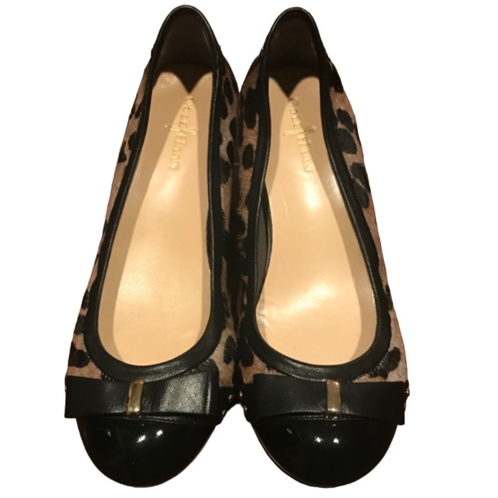 Cole Haan Leopard Calf Hair Wedges Shoes Black Patent Trim Bow D40382 Size 5